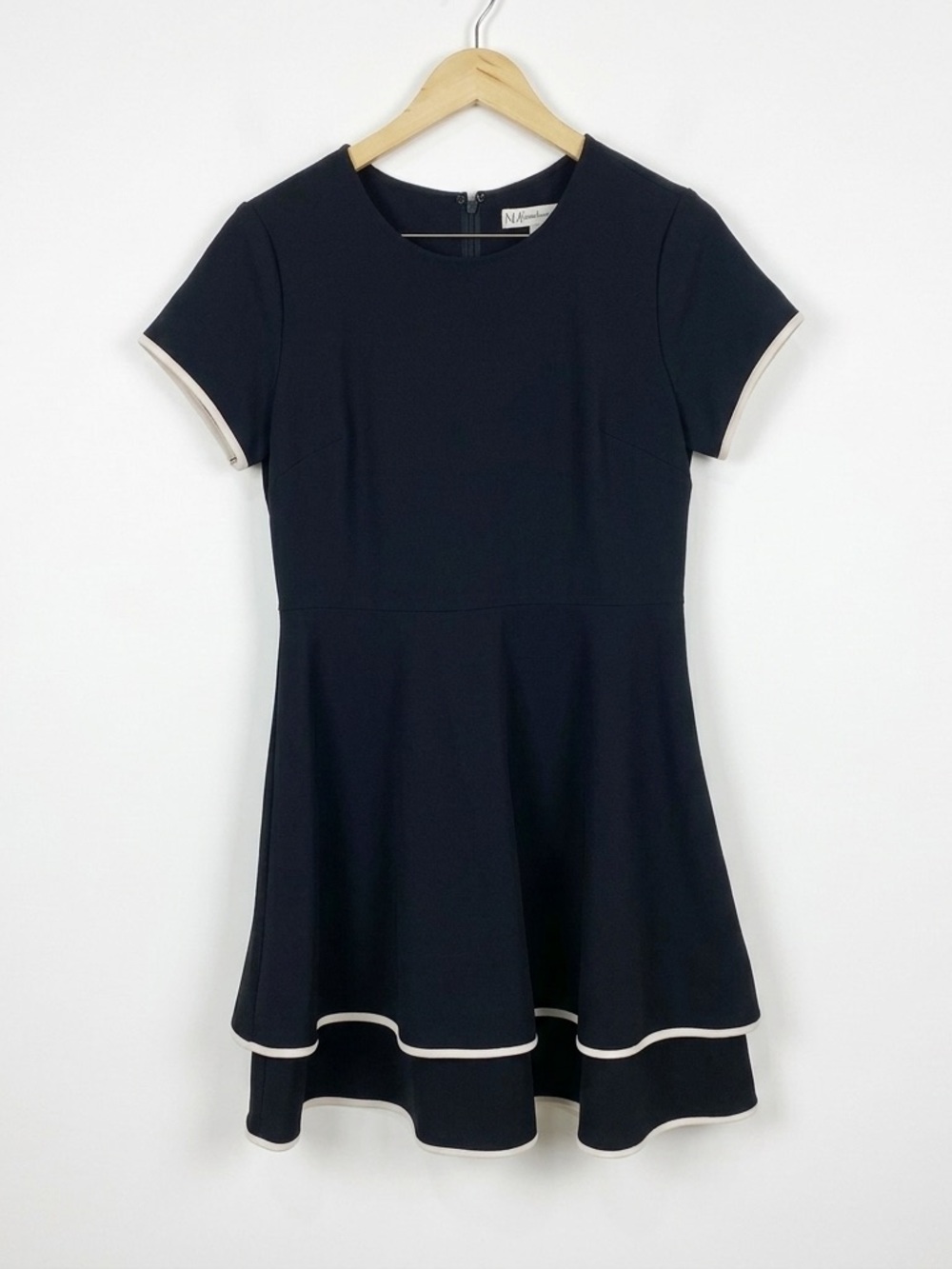 Neiman Marcus Black Mod Tiered Mini Dress Contrast Trim Preppy Size L Old Money